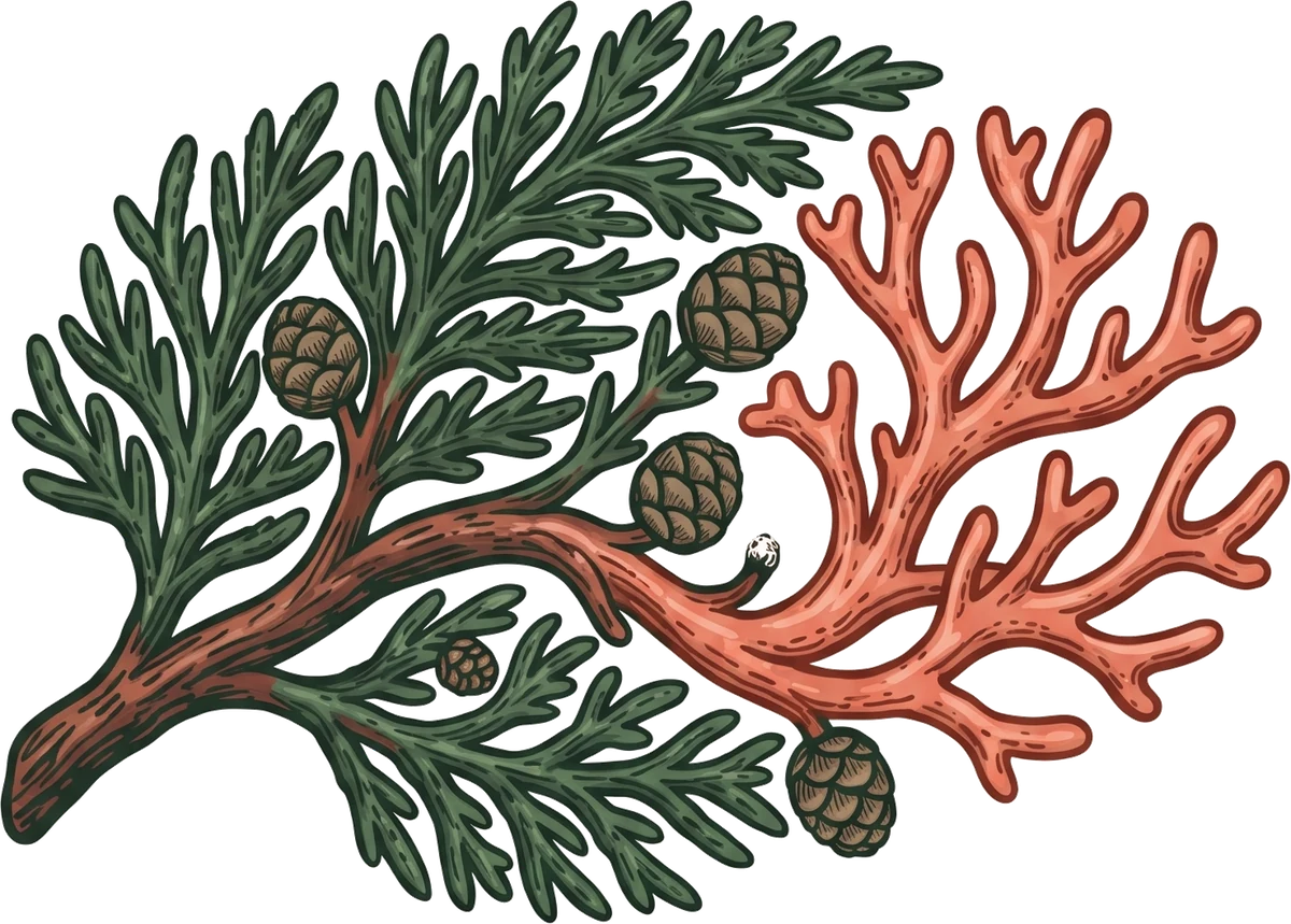 Sequoia branch growing into coral